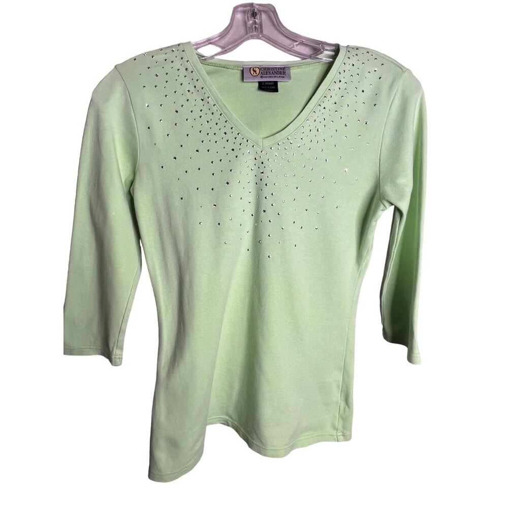 Christine Alexander Women's V-Neck Top W/Rhinestones Small Light Green 3/4 Sleev